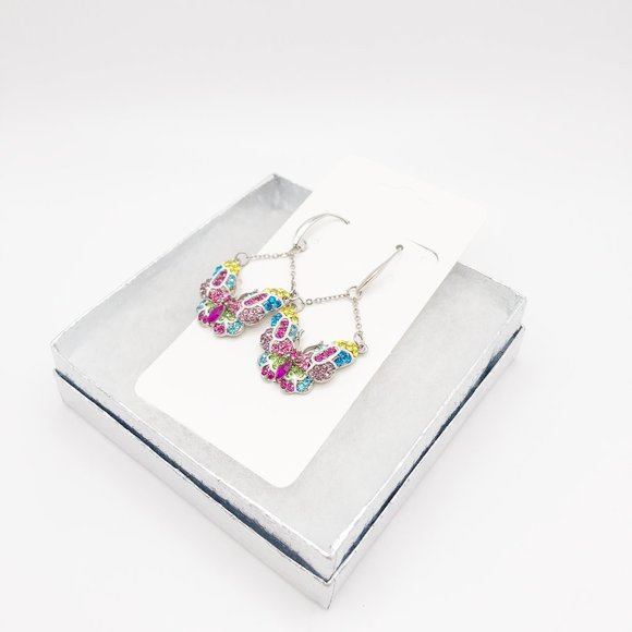 Crystal Multicolor Silver Plated Butterfly Dangle Drop Earrings - Picture 2 of 4
